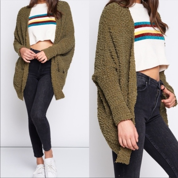 Soft Olive Green Popcorn Cardigan With pockets - Picture 15 of 16